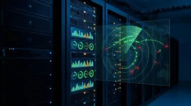 Row of GPU servers in a dim data center, some dark idle and others brightly lit active, with digital overlay of utilization percentages and a radar screen showing green flight paths and red grounded blips.
