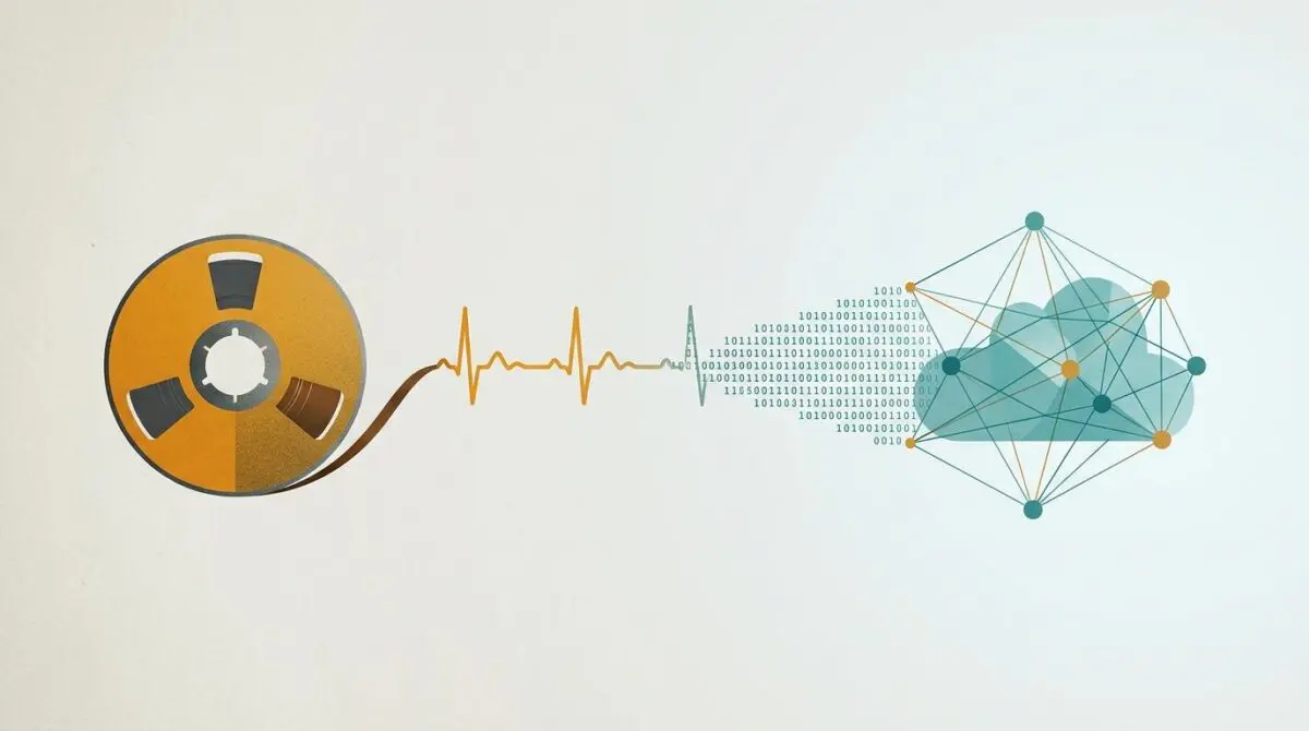 Vintage tape reel with ECG waveform morphing into digital streams and nodes, symbolizing PhysioNet's data backbone.