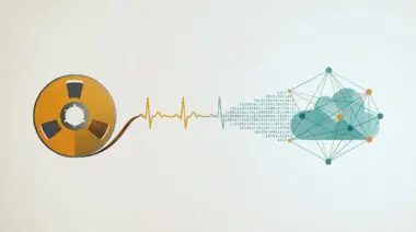 Vintage tape reel with ECG waveform morphing into digital streams and nodes, symbolizing PhysioNet's data backbone.