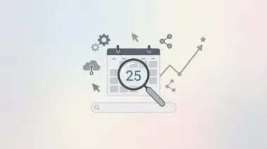 Flat illustration of magnifying glass over calendar showing 25, with search bar, rising graph, and tech icons on pastel gray background symbolizing visual search evolution.