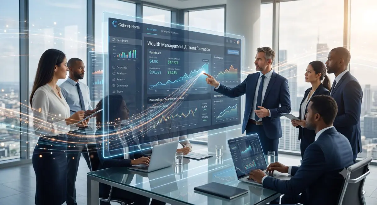 Executive pointing at a Cohere North interactive holographic dashboard during a wealth management AI presentation.