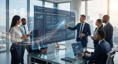 Executive pointing at a Cohere North interactive holographic dashboard during a wealth management AI presentation.