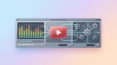 Retro Winamp player with equalizer bars integrating a YouTube play button and AI gears, connected by glowing lines on a pastel background.