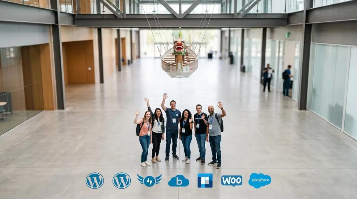 Group of WordCamp attendees waving under dragon boat with partner logos, representing WordPress community events in 2026.
