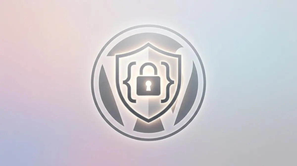 Glowing shield with code brackets and padlock guarding WordPress symbol against RCE and SQLi.
