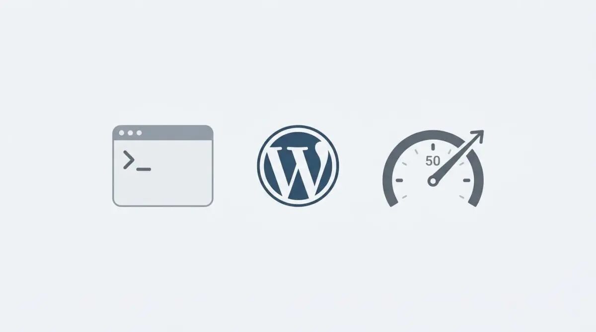 WordPress logo flanked by terminal and speed gauge, representing 50% faster sites and zero-dependency CLI with Sonnet 5 AI, on pastel gray.