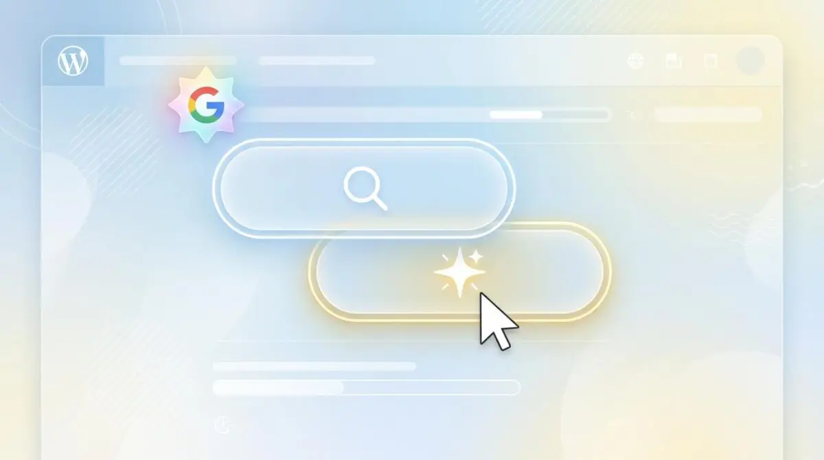 WordPress.com SEO course UI with Google Gemini, glowing pill buttons (magnifying glass, star), mouse cursor pointing at star icon.