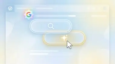 WordPress.com SEO course UI with Google Gemini, glowing pill buttons (magnifying glass, star), mouse cursor pointing at star icon.