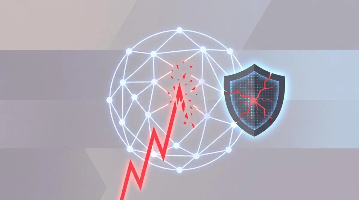 Glowing network globe with red spike graph at halftime, broken streaming line, cracking shield, illustrating World Cup 2026 traffic stress points.