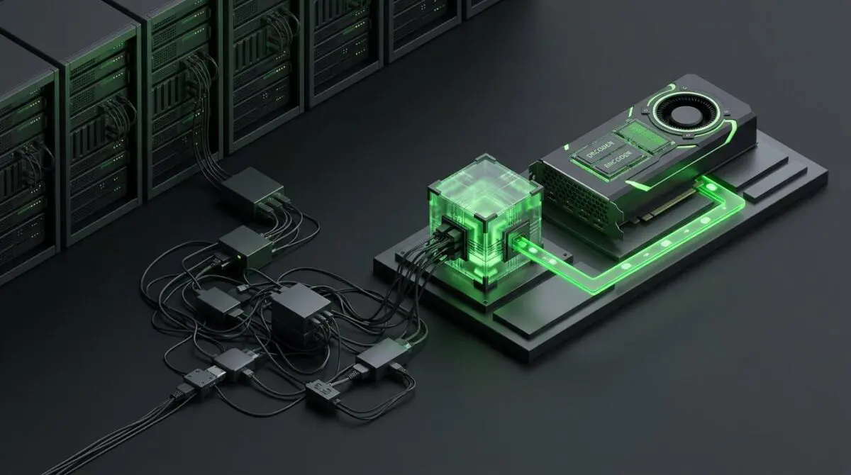 GPU decoder/encoder sharing transparent memory cube and green zero-copy data path, with dark graphite server racks.