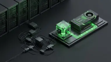GPU decoder/encoder sharing transparent memory cube and green zero-copy data path, with dark graphite server racks.