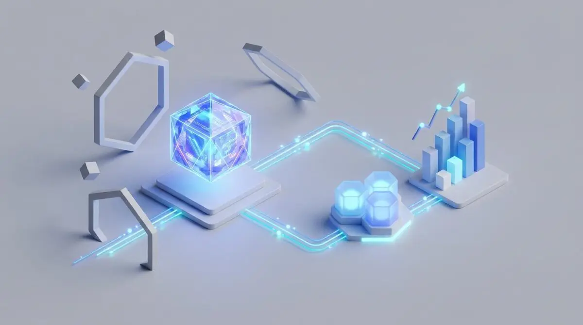 Isometric 3D render of glowing AI core with data pathways to lead nodes and charts, illustrating n8n voice agents automating inbound qualification.