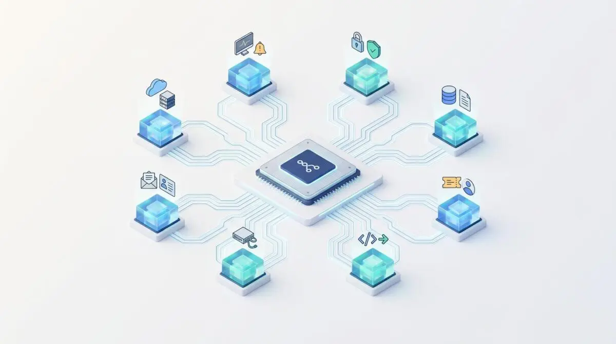 Isometric processor chip linked to crystalline nodes and circuit pathways representing eight n8n IT ops automation workflows.