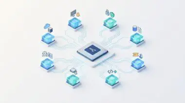 Isometric processor chip linked to crystalline nodes and circuit pathways representing eight n8n IT ops automation workflows.