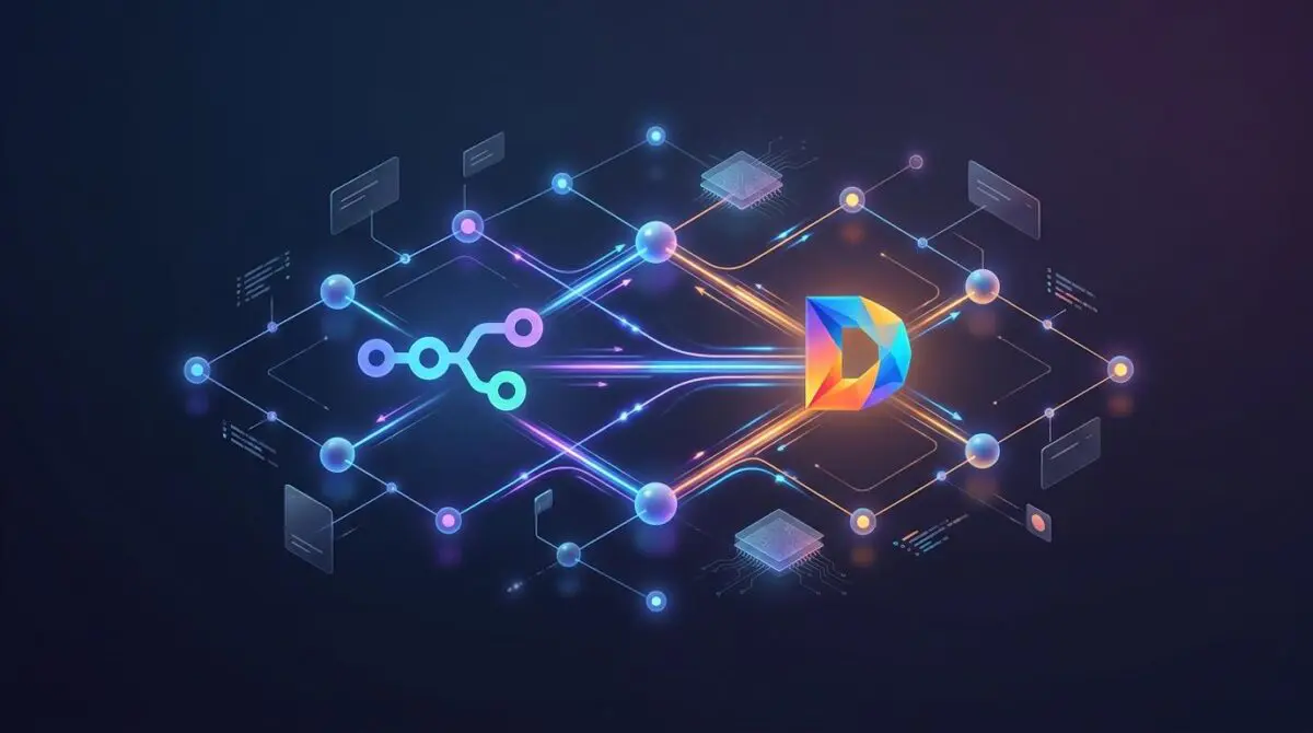 Isometric 3D network of glowing spheres with light trails, floating panels and chip elements, symbolizing complementary n8n and Dify AI automation.