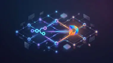 Isometric 3D network of glowing spheres with light trails, floating panels and chip elements, symbolizing complementary n8n and Dify AI automation.