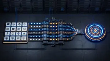 Isometric data center with 13 adapter plugs bridging 7,960 Hugging Face AI models to an IBM Spyre accelerator core.