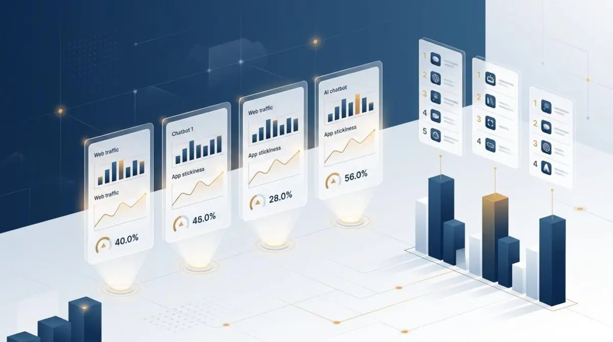 Dashboard of 2026 AI chatbot reach, retention, rate with holographic charts and ranked leaderboards in blue, white, amber.
