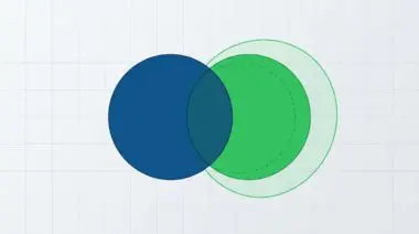 Deep blue and green circles on a grid overlap, intersection constant as green expands, symbolizing AI adding to search.