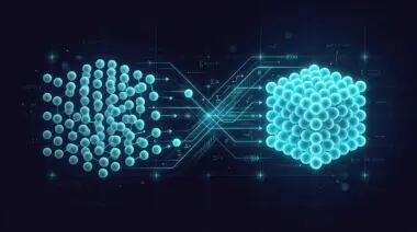Glowing AI guides dense spheres into optimal lattice, solving decade-old math amid floating symbols in indigo and cyan.
