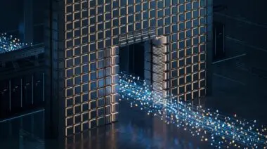 Stacked memory cubes compress to open a passage for glowing token streams in Cloudflare's AI data center.