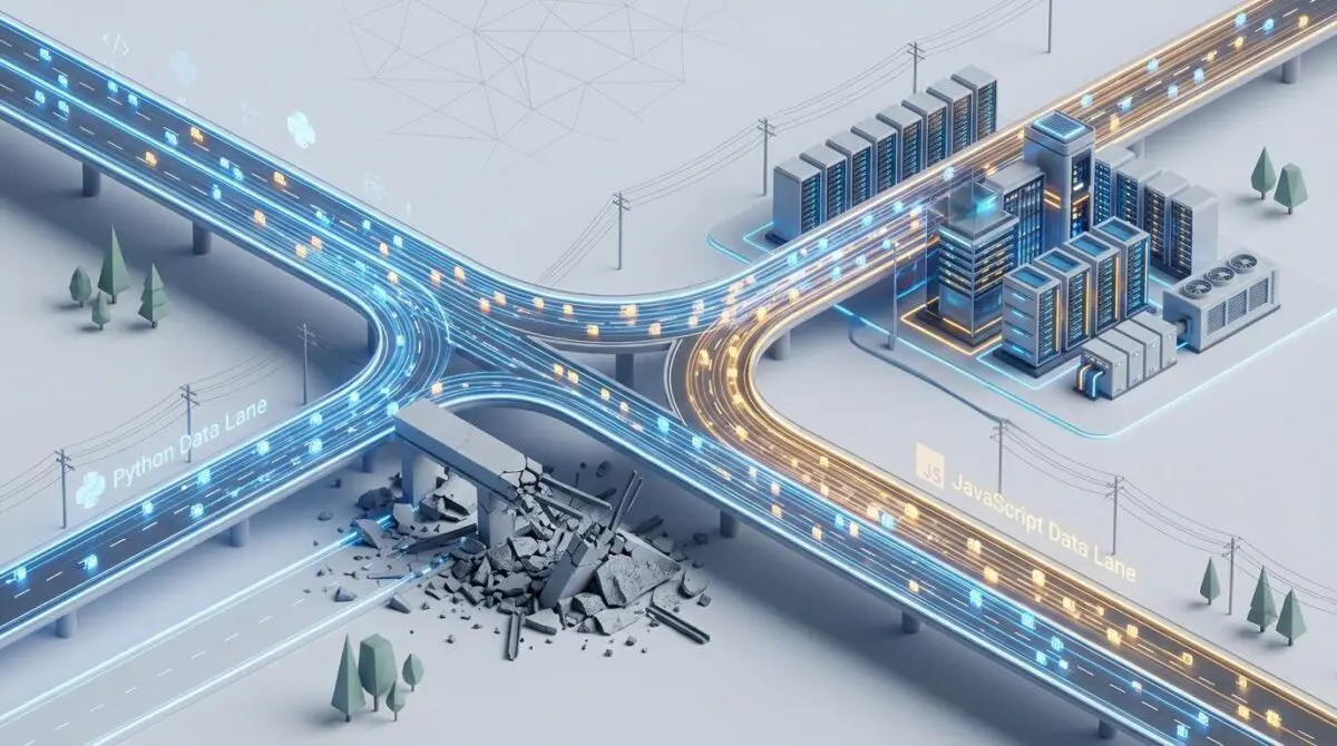 Isometric edge data center merging Python and JavaScript lanes past a demolished toll gate, symbolizing native-speed RPC.