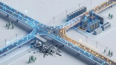 Isometric edge data center merging Python and JavaScript lanes past a demolished toll gate, symbolizing native-speed RPC.