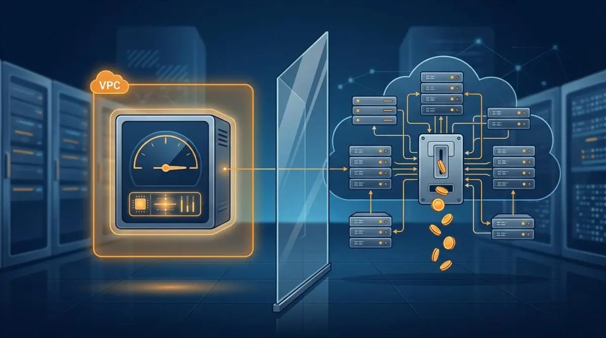 Sealed server node in glowing VPC vs multi-tenant cloud with coin meter, emphasizing self-hosted AI infrastructure.
