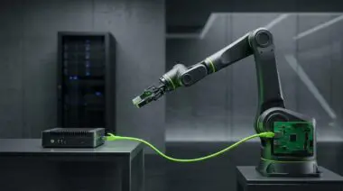 Edge computer with 4B world model in robotics lab controls robotic arm on-device, network cable to green circuit board.