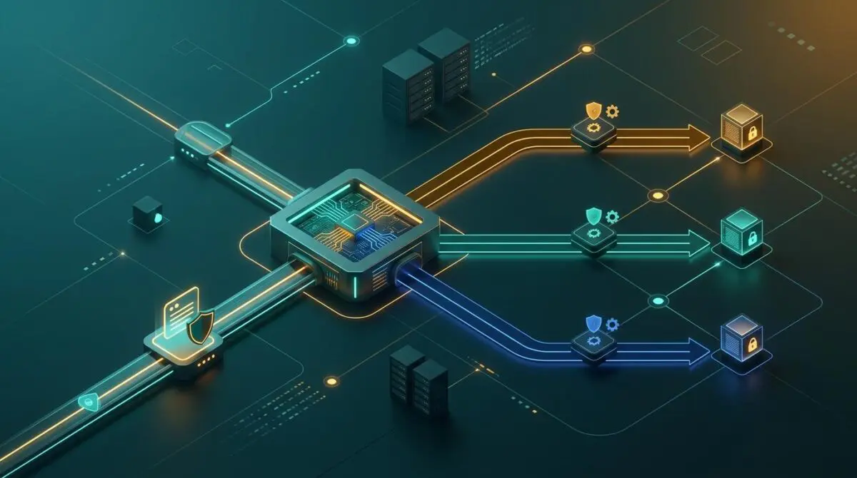 Patient message flows through secure webhook routing switch into three governed paths for agentic intake triage reduction