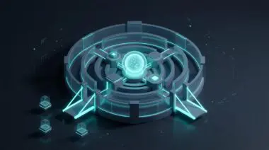 Transparent sandbox fortress with concentric walls, pulsing AI core, neon cyan, showing why isolation alone won't stop rogue AI.
