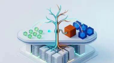 Isometric cloud data center with glowing tree bridging sandbox and heavy cube, symbolizing AI agents needing real computers.