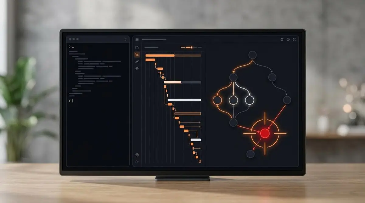 Dark mockup of AI agent debugging Cloudflare Workers with trace waterfall, error node crosshair, KV D1 R2 nodes, orange accents.