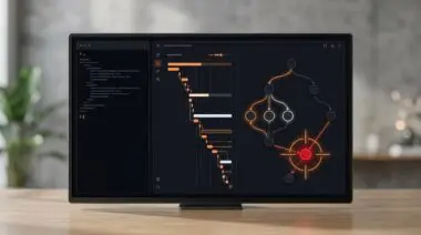 Dark mockup of AI agent debugging Cloudflare Workers with trace waterfall, error node crosshair, KV D1 R2 nodes, orange accents.