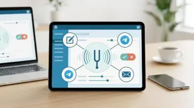 WordPress dashboard with sliders, tuning fork radiating AI brand voice to editor, Telegram, email, and approve/reject toggle.