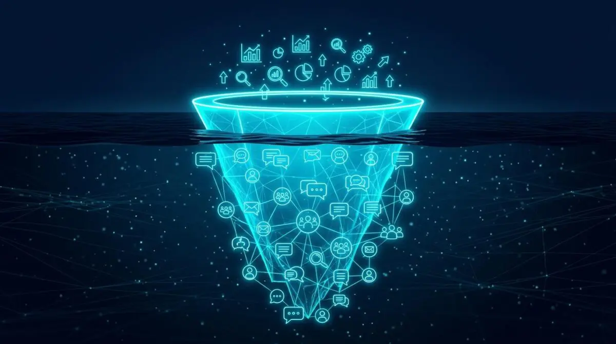 Digital funnel as iceberg in dark ocean, analytics-lit top, hidden AI community base linked by glowing threads, dark funnel