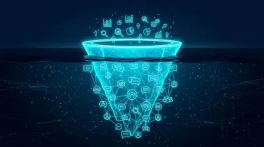Digital funnel as iceberg in dark ocean, analytics-lit top, hidden AI community base linked by glowing threads, dark funnel