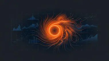 AI-predicted 100-year storm footprint as neon orange anomaly on deep blue data grid.