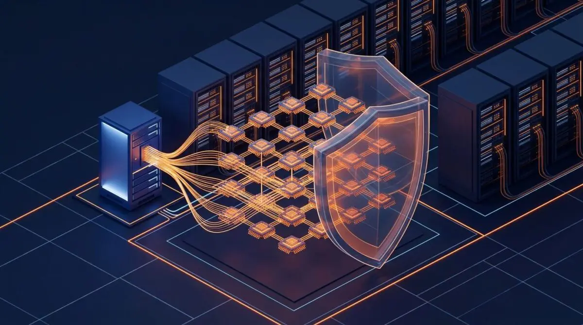 Server node branching into AI chips, shielded in a data center, symbolizing Amazon EC2 at 20 for agentic workflows.