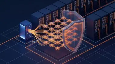 Server node branching into AI chips, shielded in a data center, symbolizing Amazon EC2 at 20 for agentic workflows.