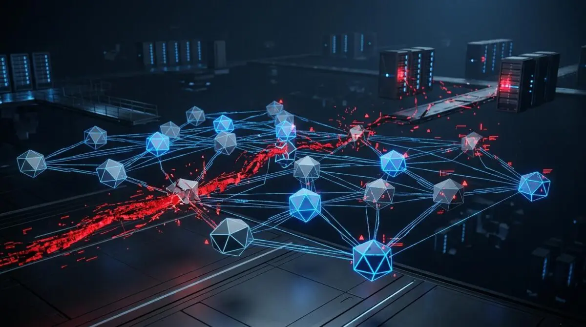Multi-agent AI in slate and blue, one node leaks red corrupt data across codebase, cascading errors among floating racks.