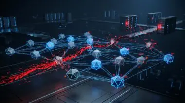 Multi-agent AI in slate and blue, one node leaks red corrupt data across codebase, cascading errors among floating racks.