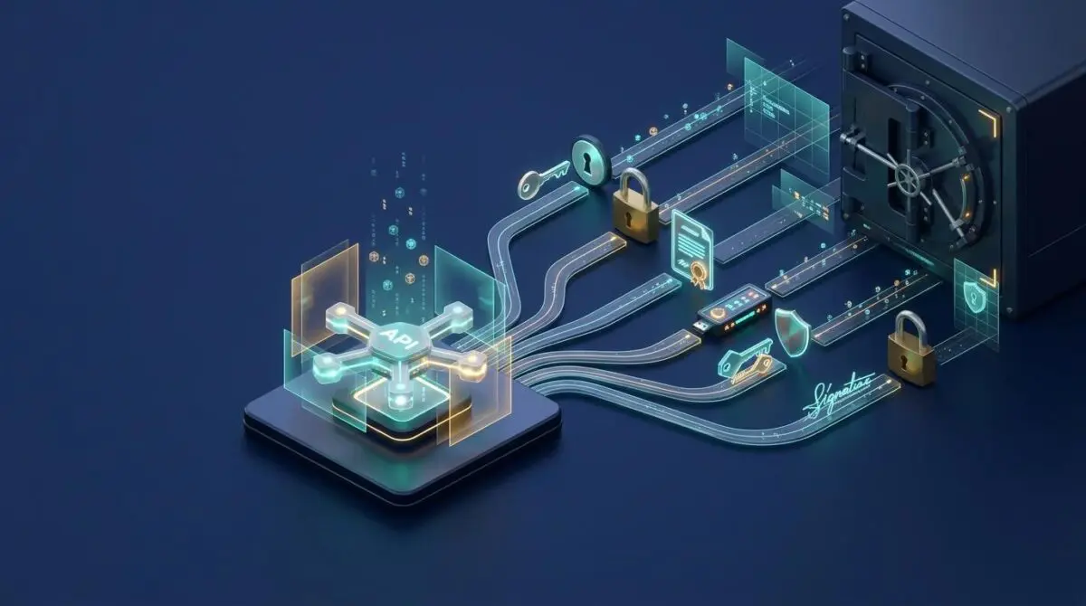 Isometric API node with seven lock-guarded branches to a vault, floating data streams, layered security in navy teal amber