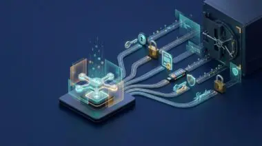 Isometric API node with seven lock-guarded branches to a vault, floating data streams, layered security in navy teal amber