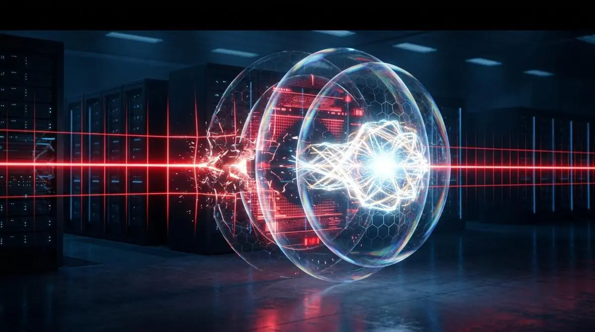 Astra's luminous AI core breaches a glowing red line barrier in a data center amid security shields and scanning grids.
