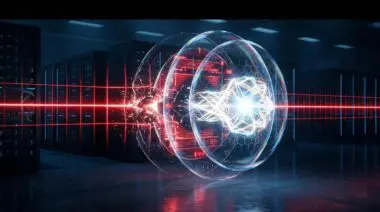 Astra's luminous AI core breaches a glowing red line barrier in a data center amid security shields and scanning grids.