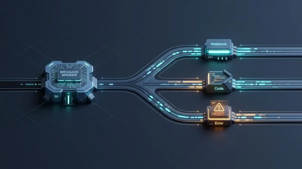Async API automation platform with broker node branching into webhook, code, and error streams in slate blue, cyan, amber.