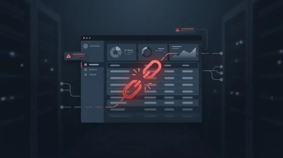 Dark server room dashboard with blurred user records and broken chain link, symbolizing n8n Metabase supply chain breach.