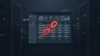 Dark server room dashboard with blurred user records and broken chain link, symbolizing n8n Metabase supply chain breach.