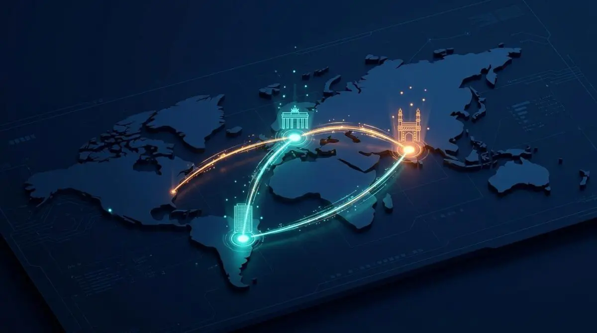Isometric world map with glowing hubs in Berlin, Hyderabad, Sao Paulo, connected by luminous data streams for AWS Loft.